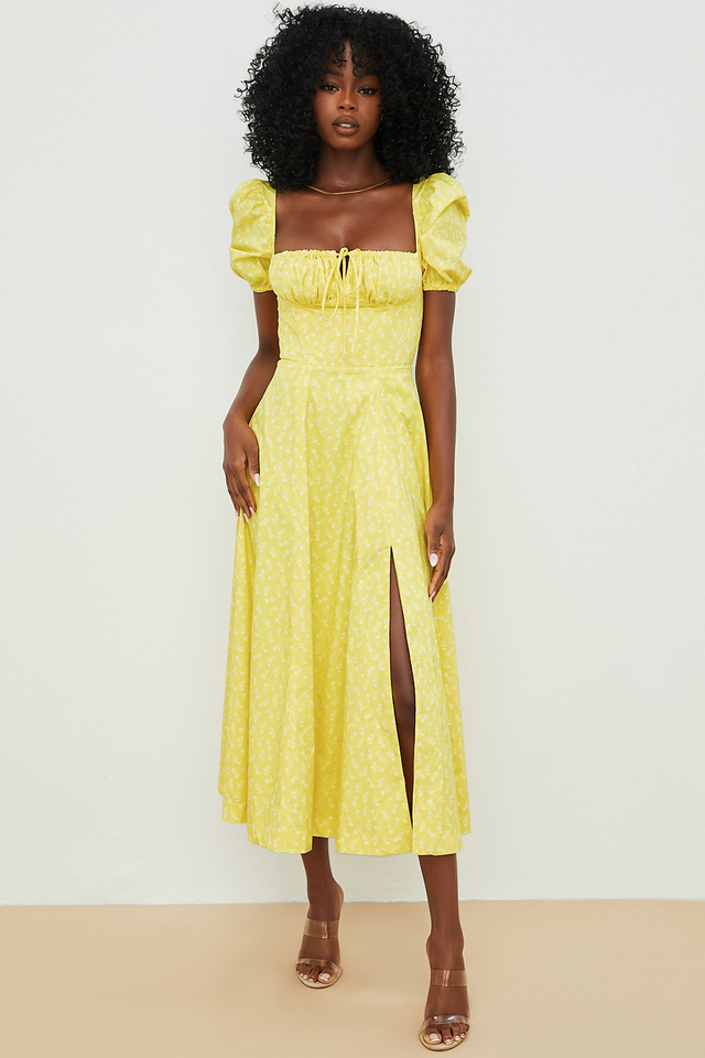 'Tallulah' Yellow Floral Puff Sleeve Midi Dress